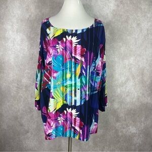 Soft Surroundings Mignon Multicolor 3/4 Sleeve Top Blouse In Floral Stripe Sz 1X
